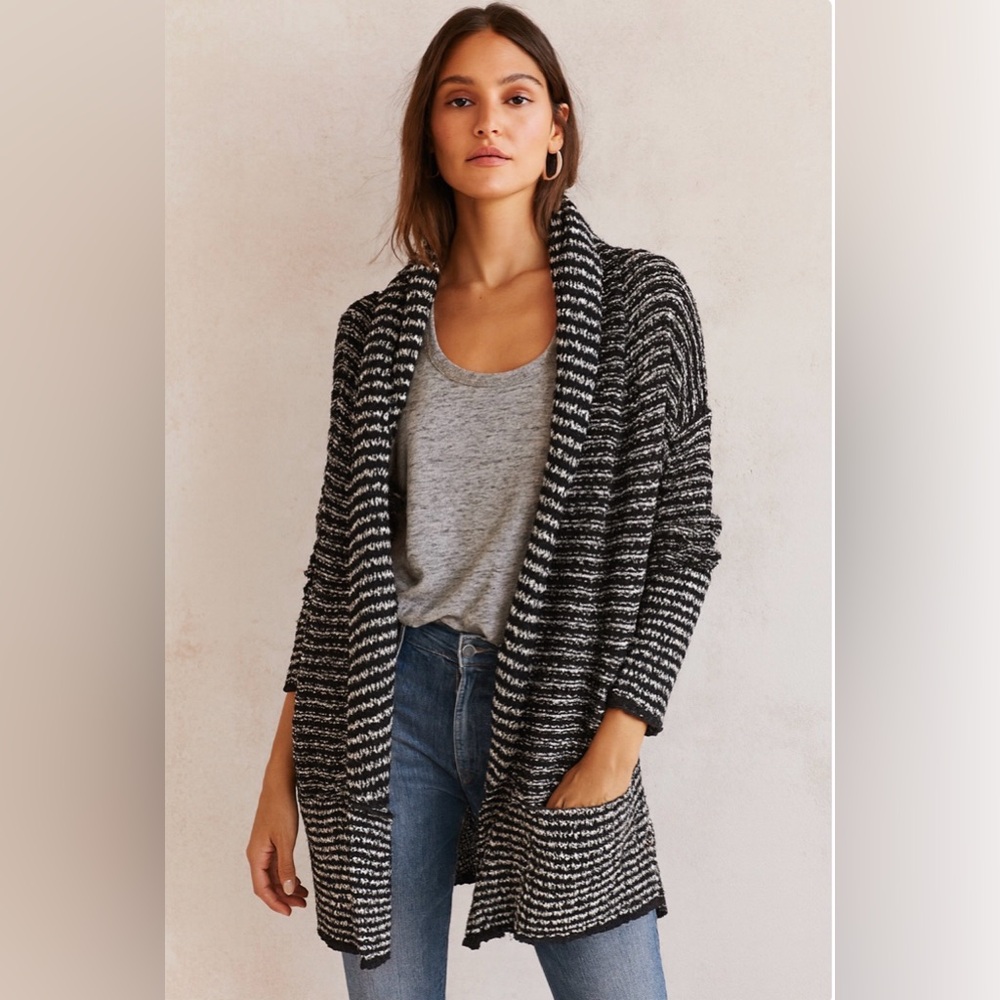 Free People Navy Blue and Cream Striped Cardigan